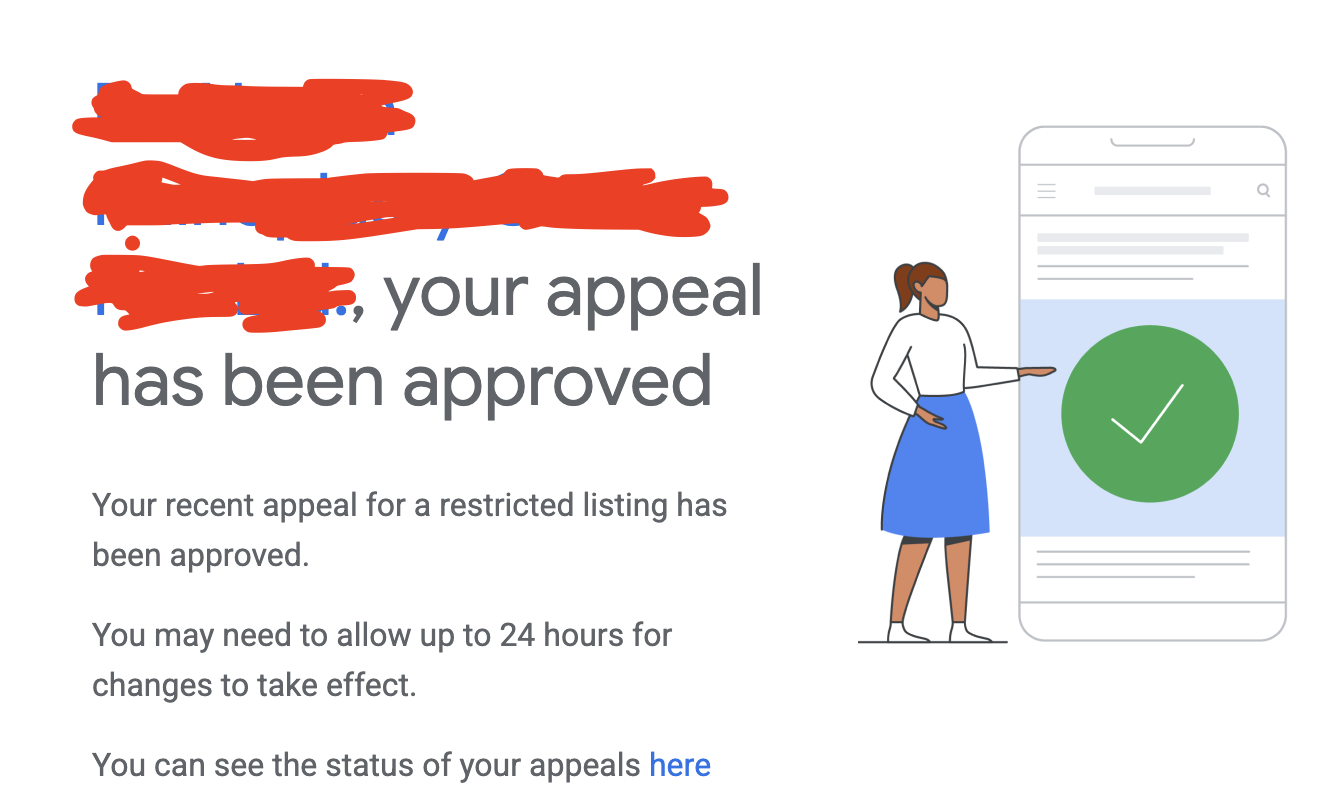 Google Business Profile notice confirming that an appeal for a restricted listing has been approved, with identifying details redacted