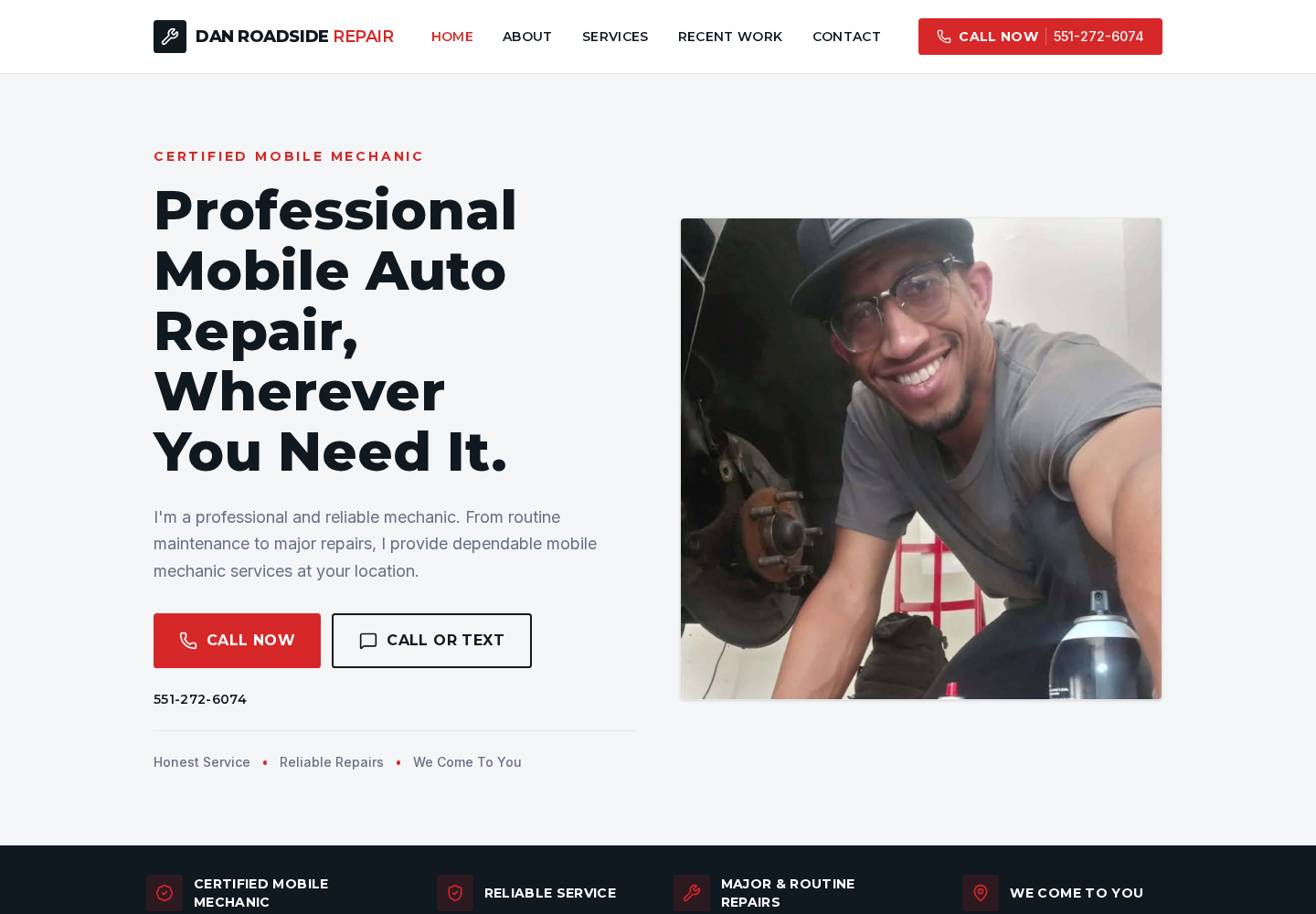Screenshot of Dan Roadside Repair's homepage with its call-first mobile mechanic layout