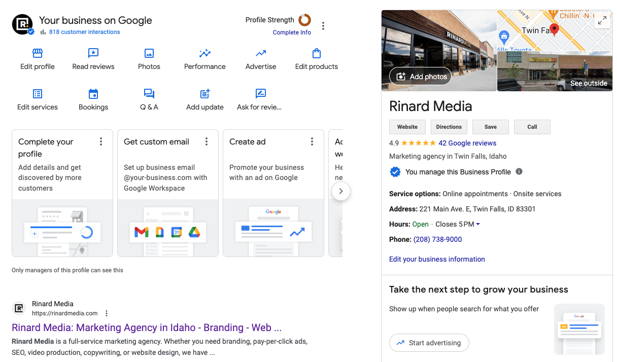 Google Business Profile dashboard for Rinard Media showing 818 customer interactions, alongside the live Google listing with a 4.9 star rating across 42 reviews