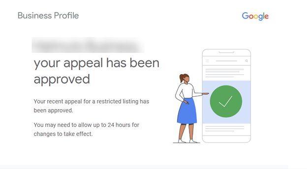 Google Business Profile notice confirming that an appeal for a restricted listing has been approved