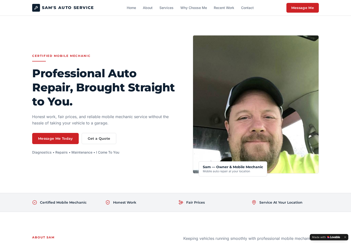 Screenshot of Sam's Auto Service homepage, showing the hero section with a call-to-action to message the mechanic