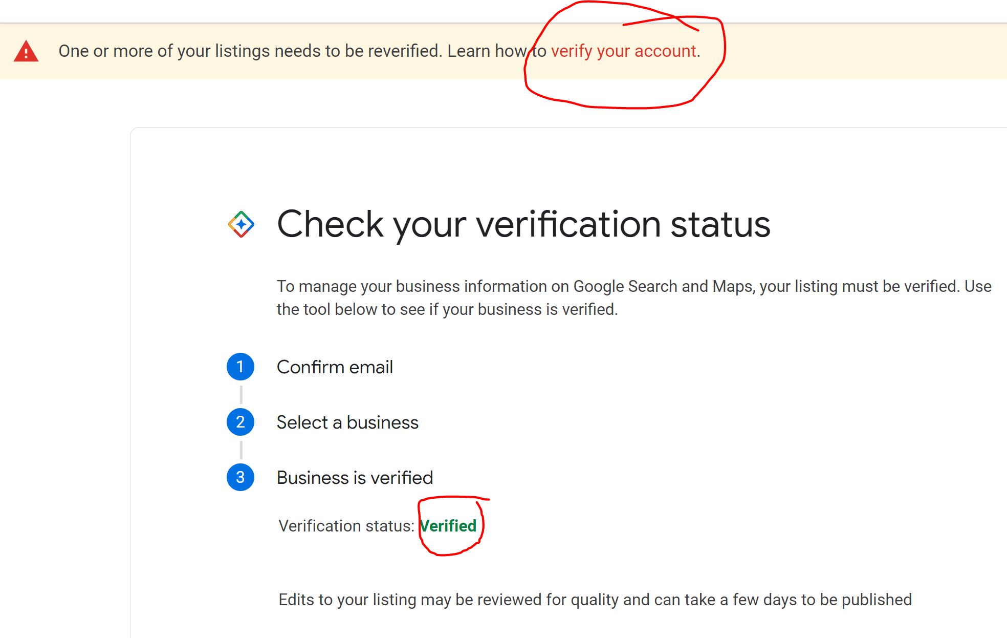 Google Business Profile verification checker showing the warning that a listing needs to be reverified, and the final status showing Verified
